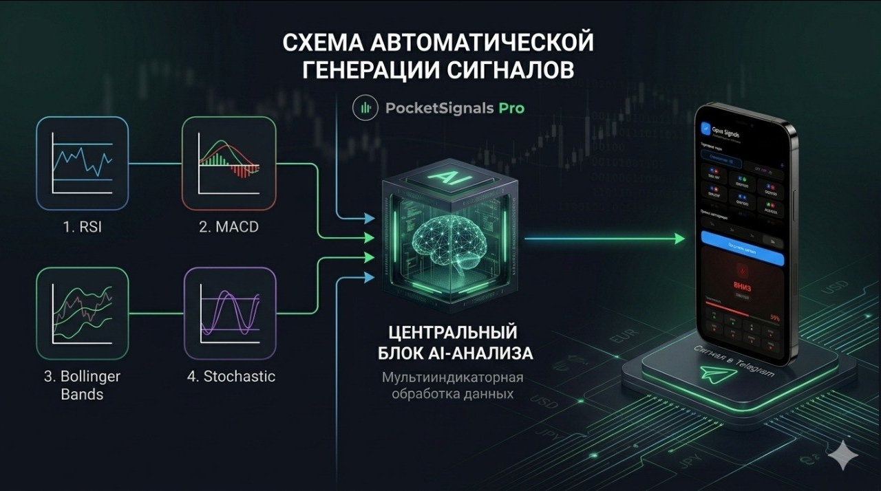 Как AI-бот генерирует сигналы для Pocket Option Схема автоматической генерации сигналов PocketSignals Pro — RSI, MACD, Bollinger Bands и Stochastic обрабатываются центральным AI-блоком и отправляются в Telegram